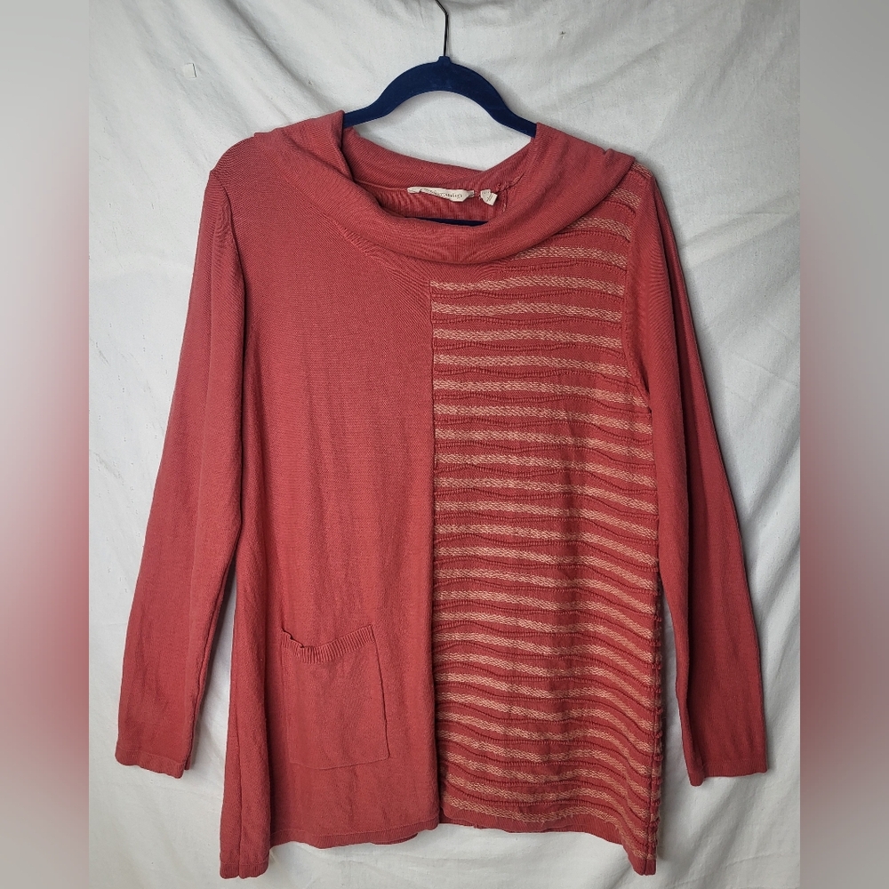 Soft Surroundings Lyrical Striped Cowlneck Cotton Sweater Sz Large Pink Salmon